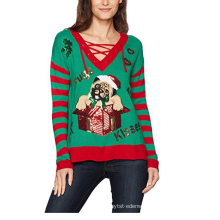 PK1874HX Ugly Christmas Sweater Women's Pugs and Kisses V-Neck Lace Up Pullover